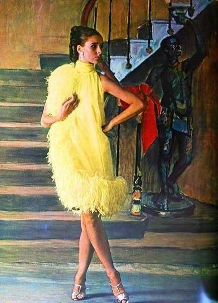 Pierre Cardin 1960s Chiffon Printed Cocktail Dress with Ostrich Feather Hem