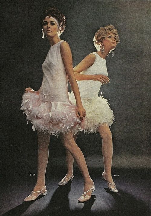 Pierre Cardin 1960s Chiffon Printed Cocktail Dress with Ostrich Feather Hem