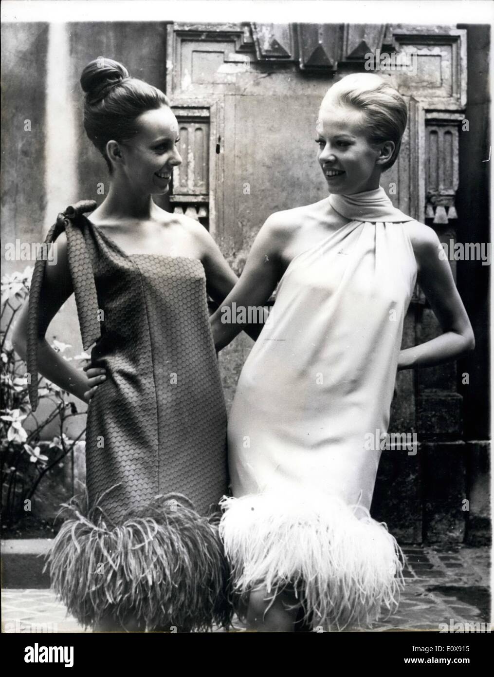 Pierre Cardin 1960s Chiffon Printed Cocktail Dress with Ostrich Feather Hem