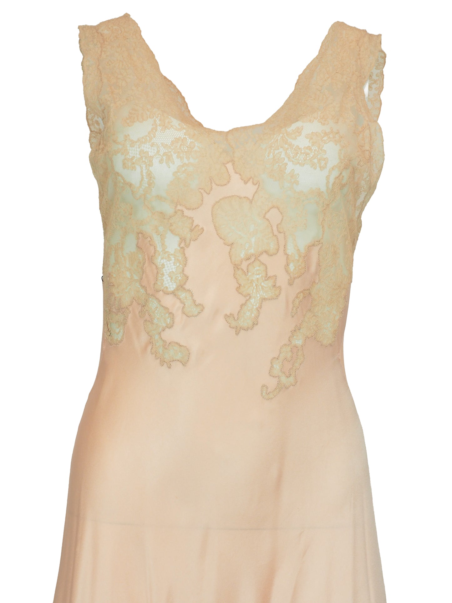 A vintage 1920s 1930s sleeveless peach maxi slip dress with a satin-like skirt and a light ivory lace embroidered bodice