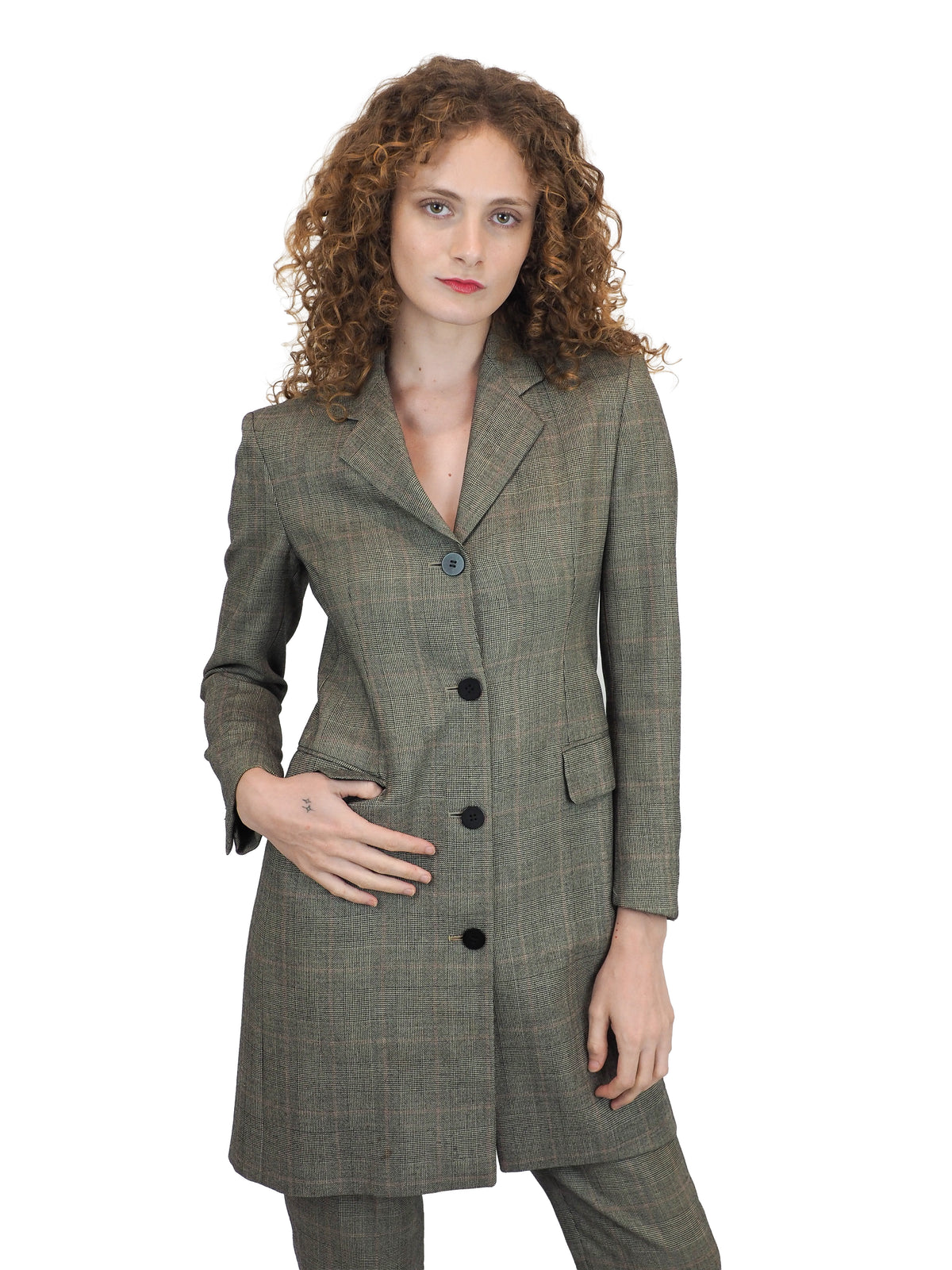 A vintage donna Karan matching gray plaid blazer and trousers suit