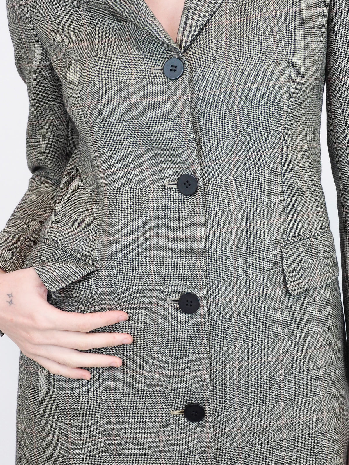 A vintage donna Karan matching gray plaid blazer and trousers suit