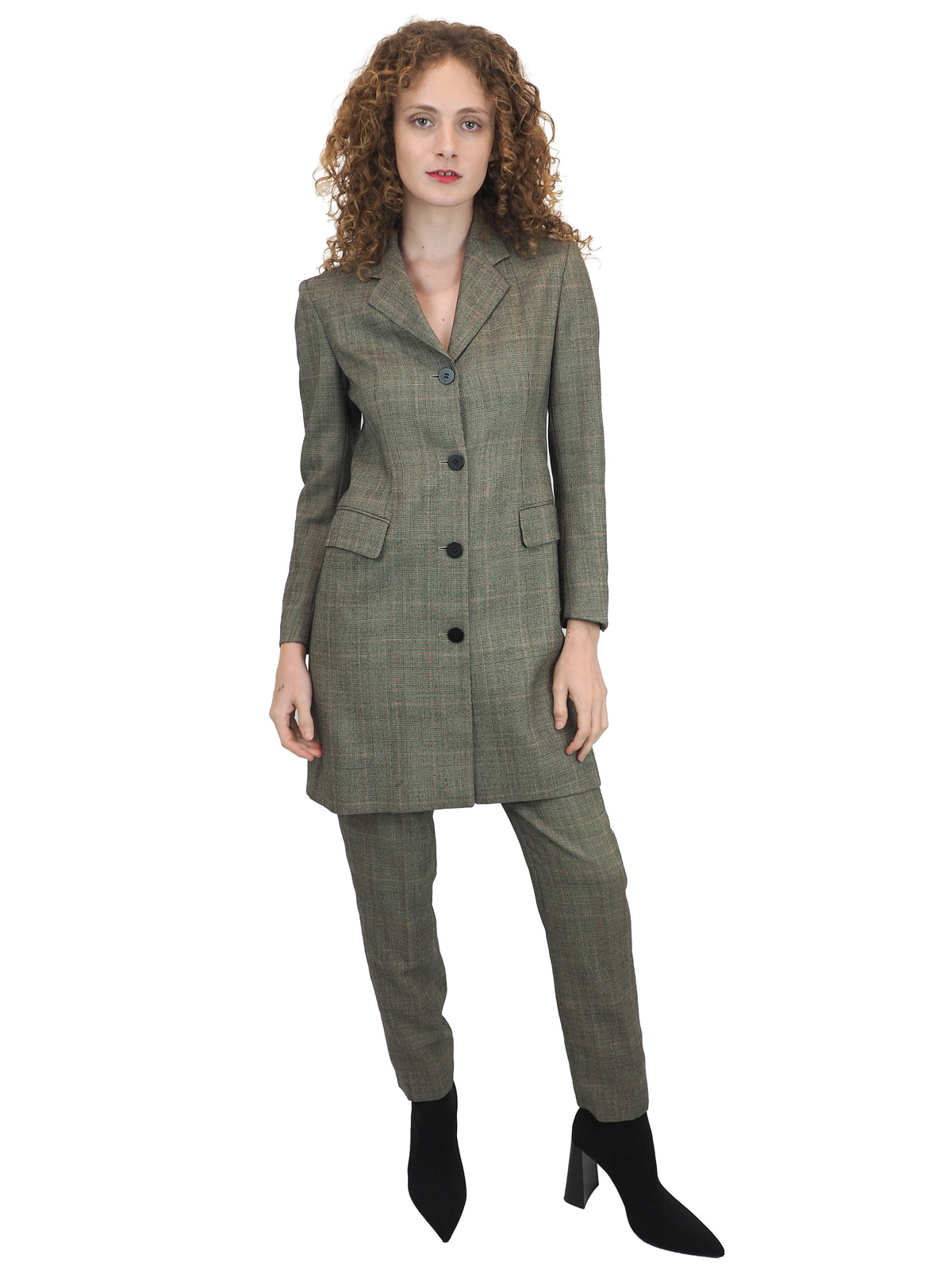 A vintage donna Karan matching gray plaid blazer and trousers suit