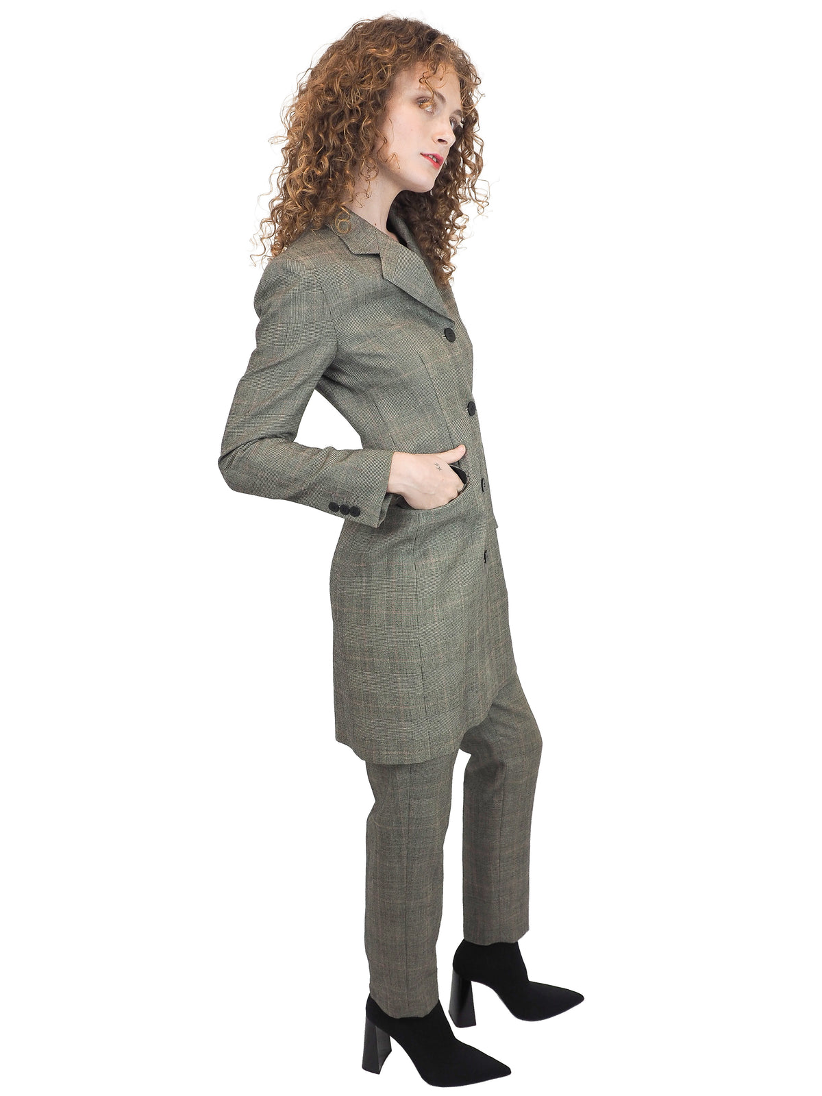 A vintage donna Karan matching gray plaid blazer and trousers suit