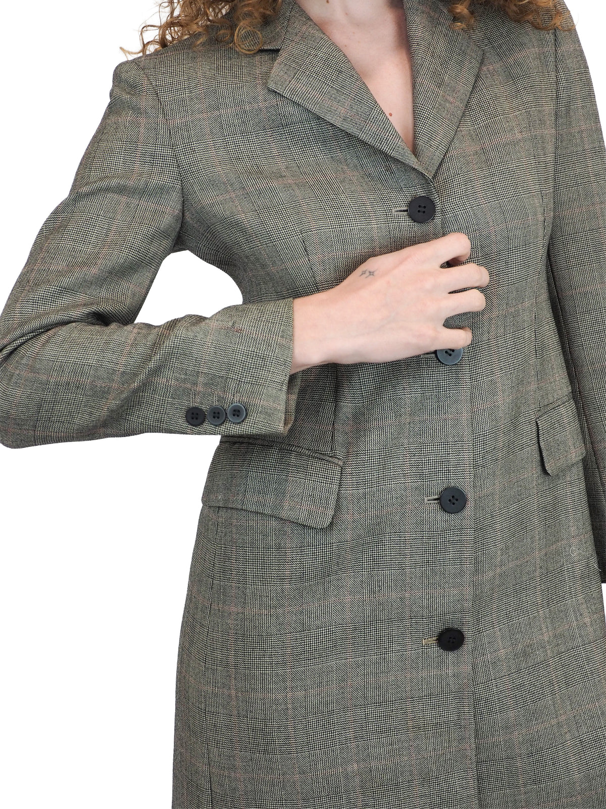 A vintage donna Karan matching gray plaid blazer and trousers suit