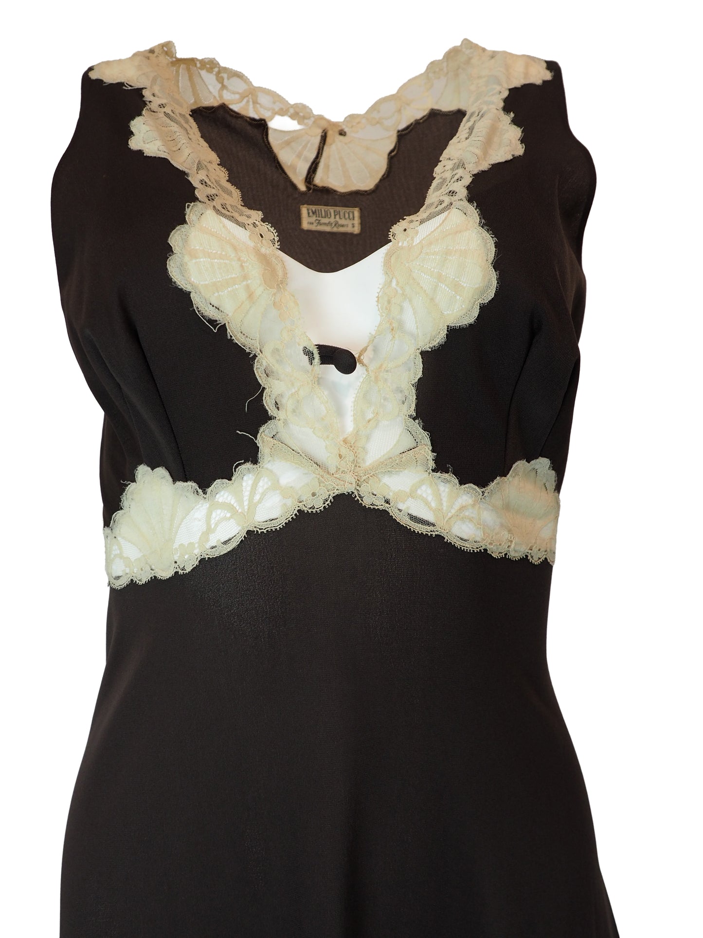 A vintage Emilio Pucci 1960s dark brown long-sleeved nightgown with cream lace trim along the edges, collar, and cuffs