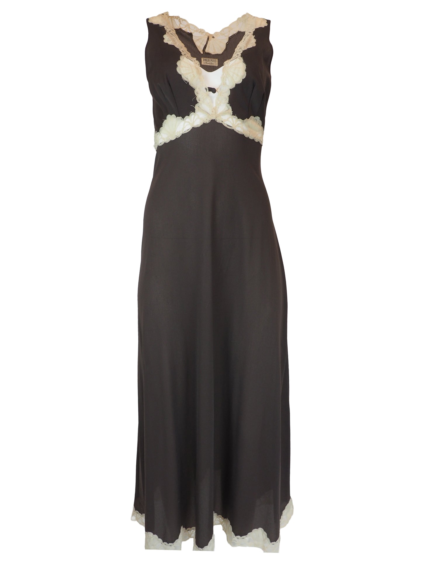 A vintage Emilio Pucci 1960s dark brown long-sleeved nightgown with cream lace trim along the edges, collar, and cuffs