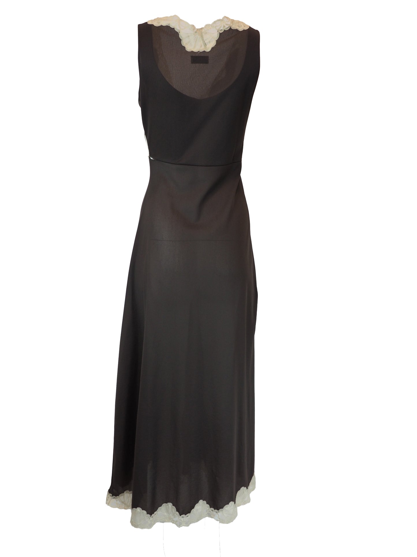 A vintage Emilio Pucci 1960s dark brown long-sleeved nightgown with cream lace trim along the edges, collar, and cuffs