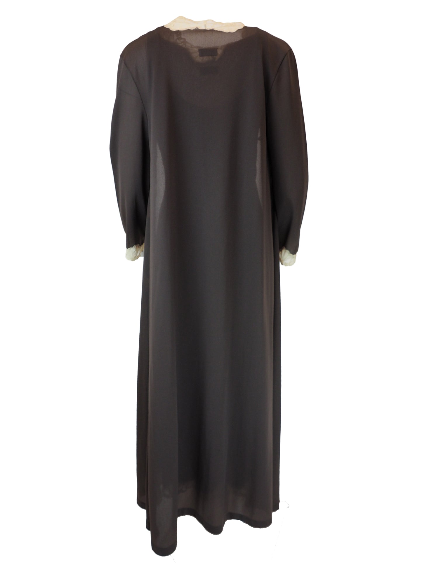 A vintage Emilio Pucci 1960s dark brown long-sleeved nightgown with cream lace trim along the edges, collar, and cuffs