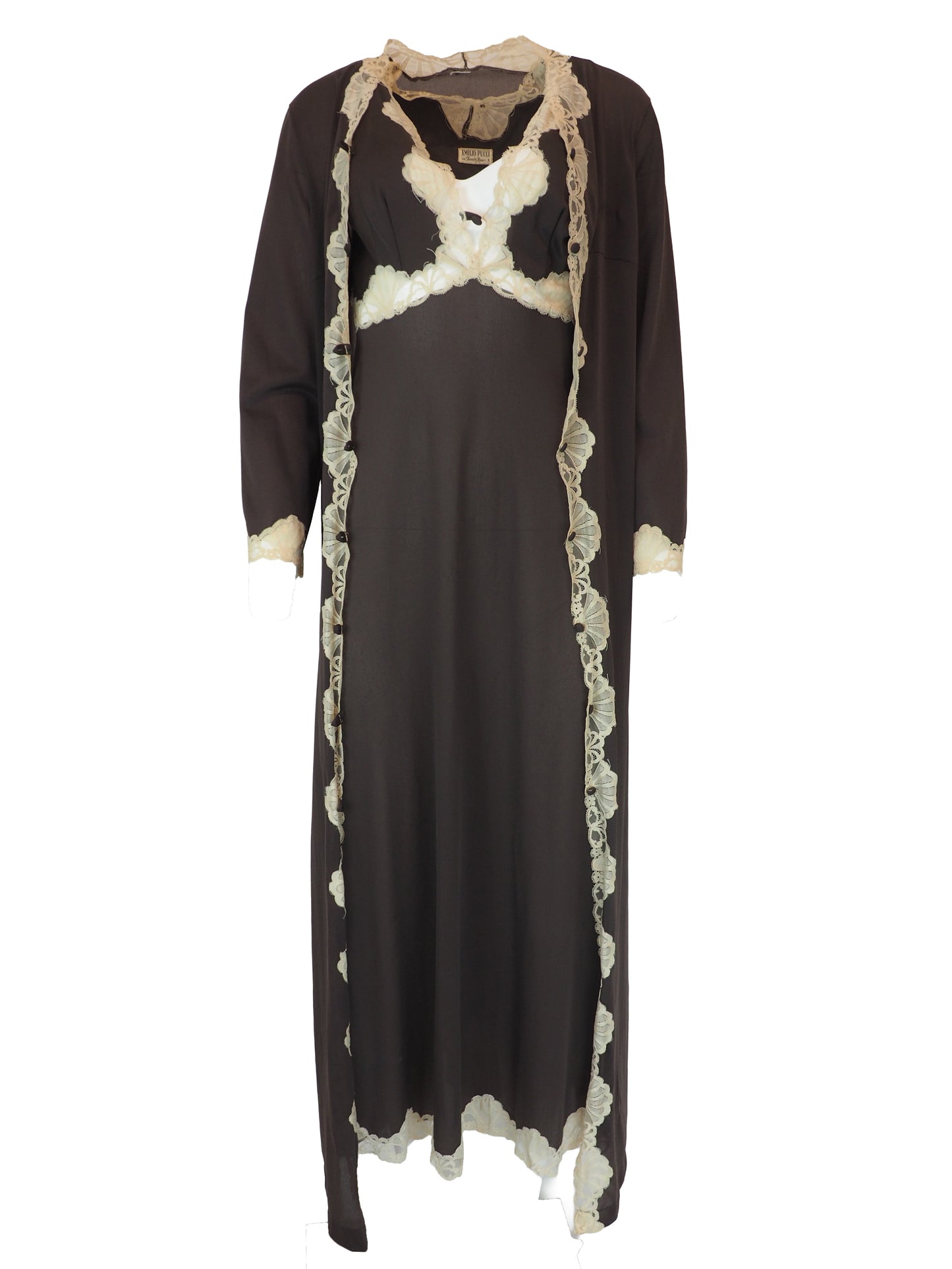 A vintage Emilio Pucci 1960s dark brown long-sleeved nightgown with cream lace trim along the edges, collar, and cuffs