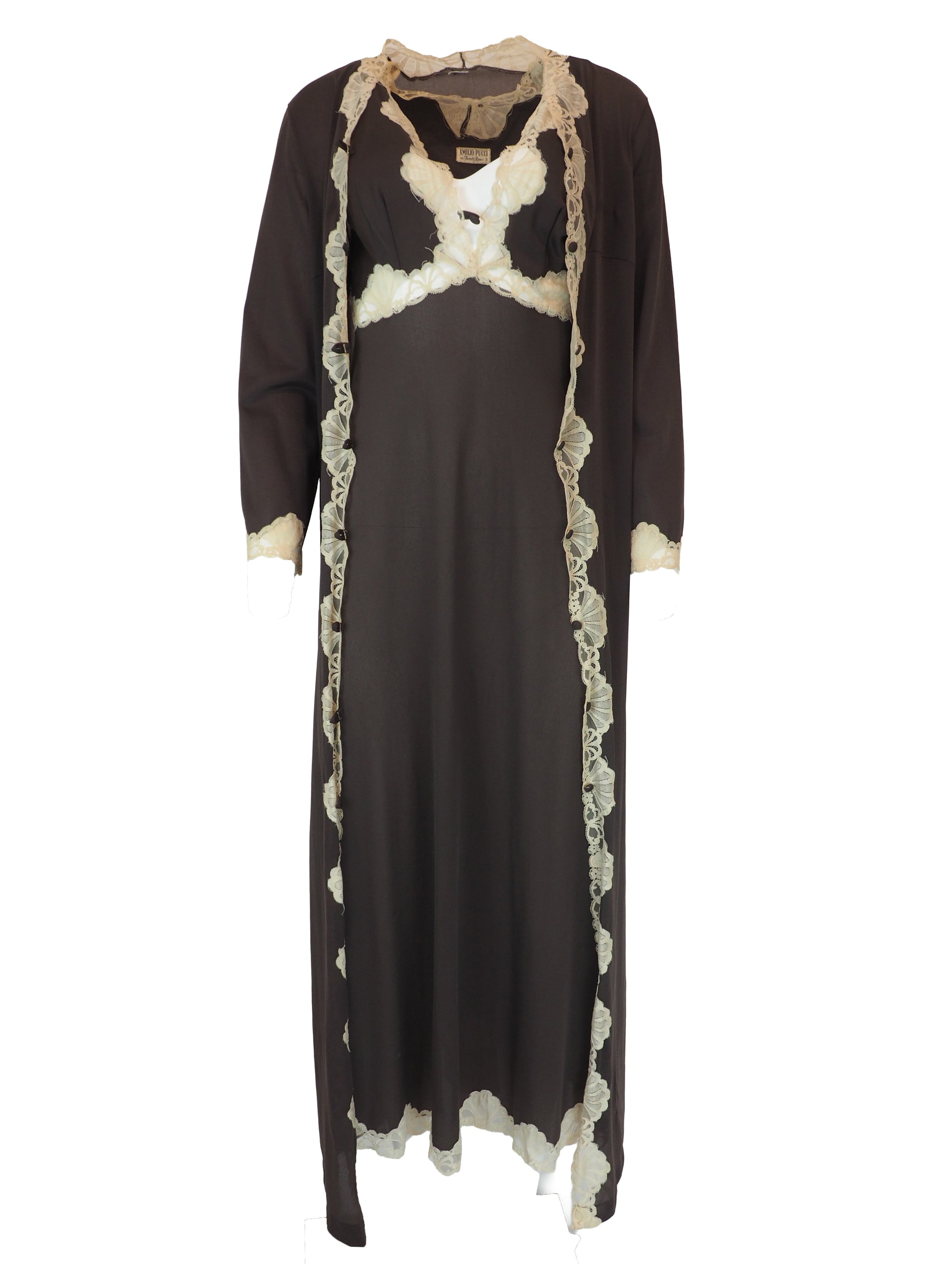 A vintage Emilio Pucci 1960s dark brown long-sleeved nightgown with cream lace trim along the edges, collar, and cuffs