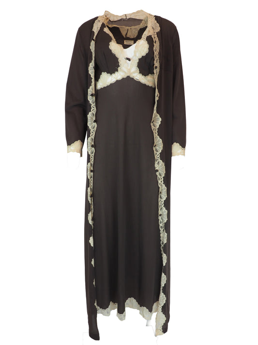 A vintage Emilio Pucci 1960s dark brown long-sleeved nightgown with cream lace trim along the edges, collar, and cuffs