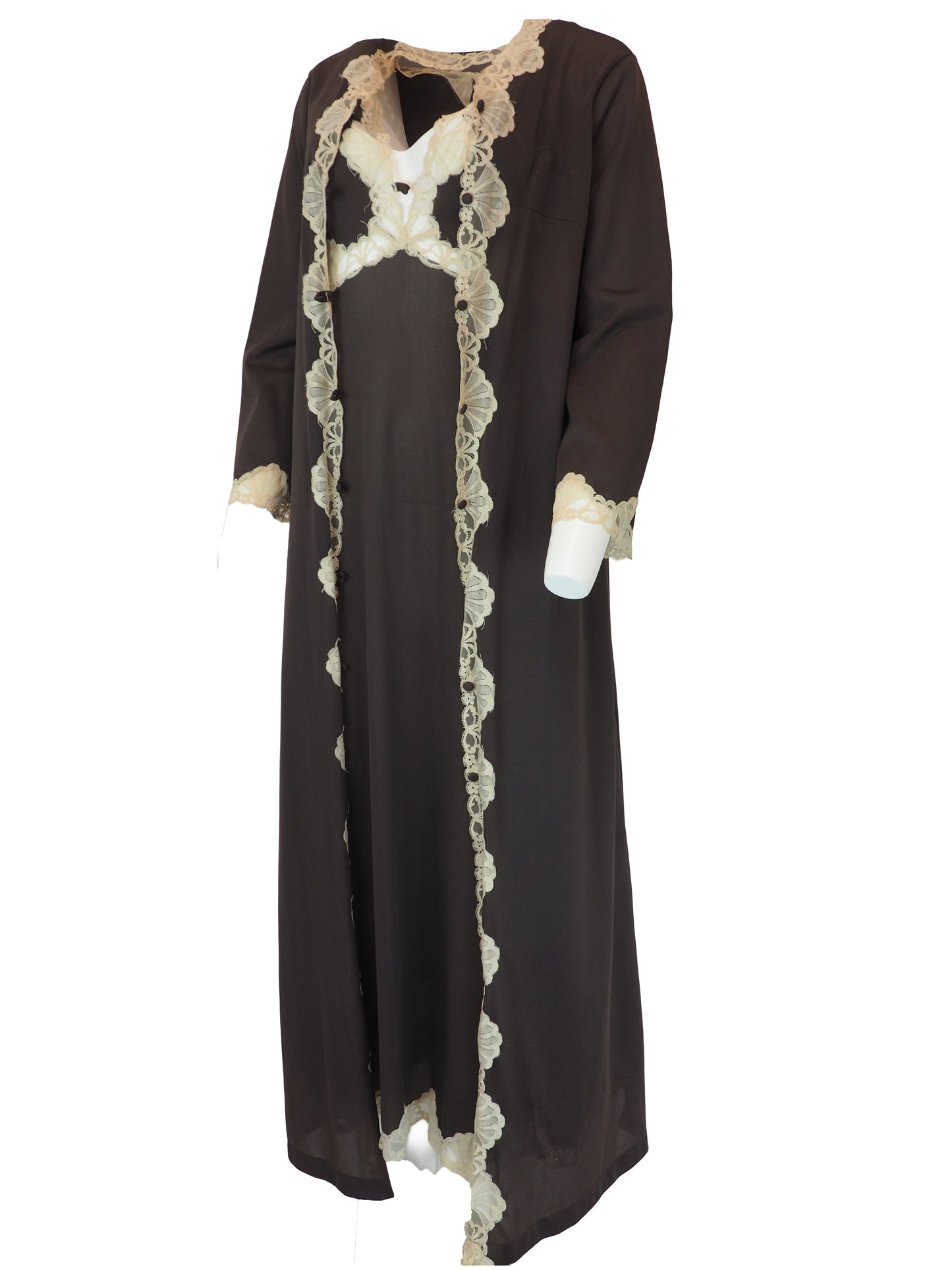 A vintage Emilio Pucci 1960s dark brown long-sleeved nightgown with cream lace trim along the edges, collar, and cuffs