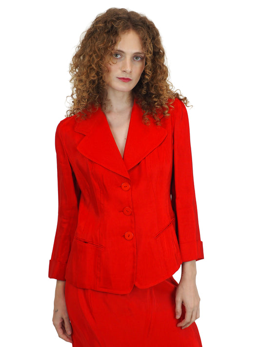 A vintage donna Karan bright red tailored blazer and matching skirt