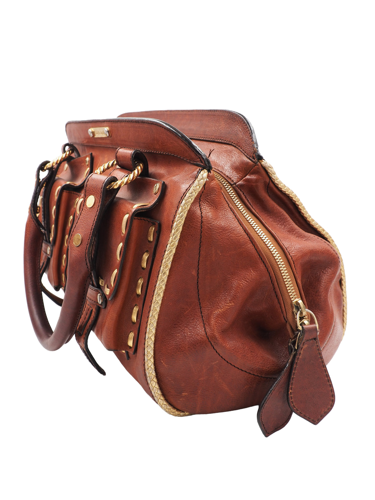 A vintage Roberto cavalli brown leather duffel-style handbag with rope handles and gold-tone hardware