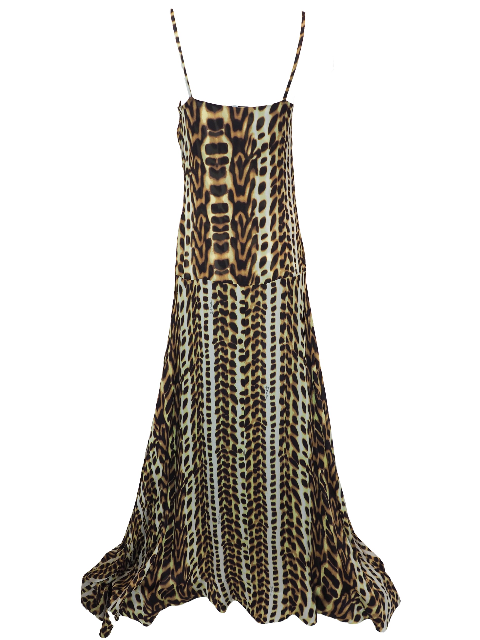 A vintage Roberto cavalli sleeveless leopard-print maxi dress with thin straps and a gathered sweetheart neckline