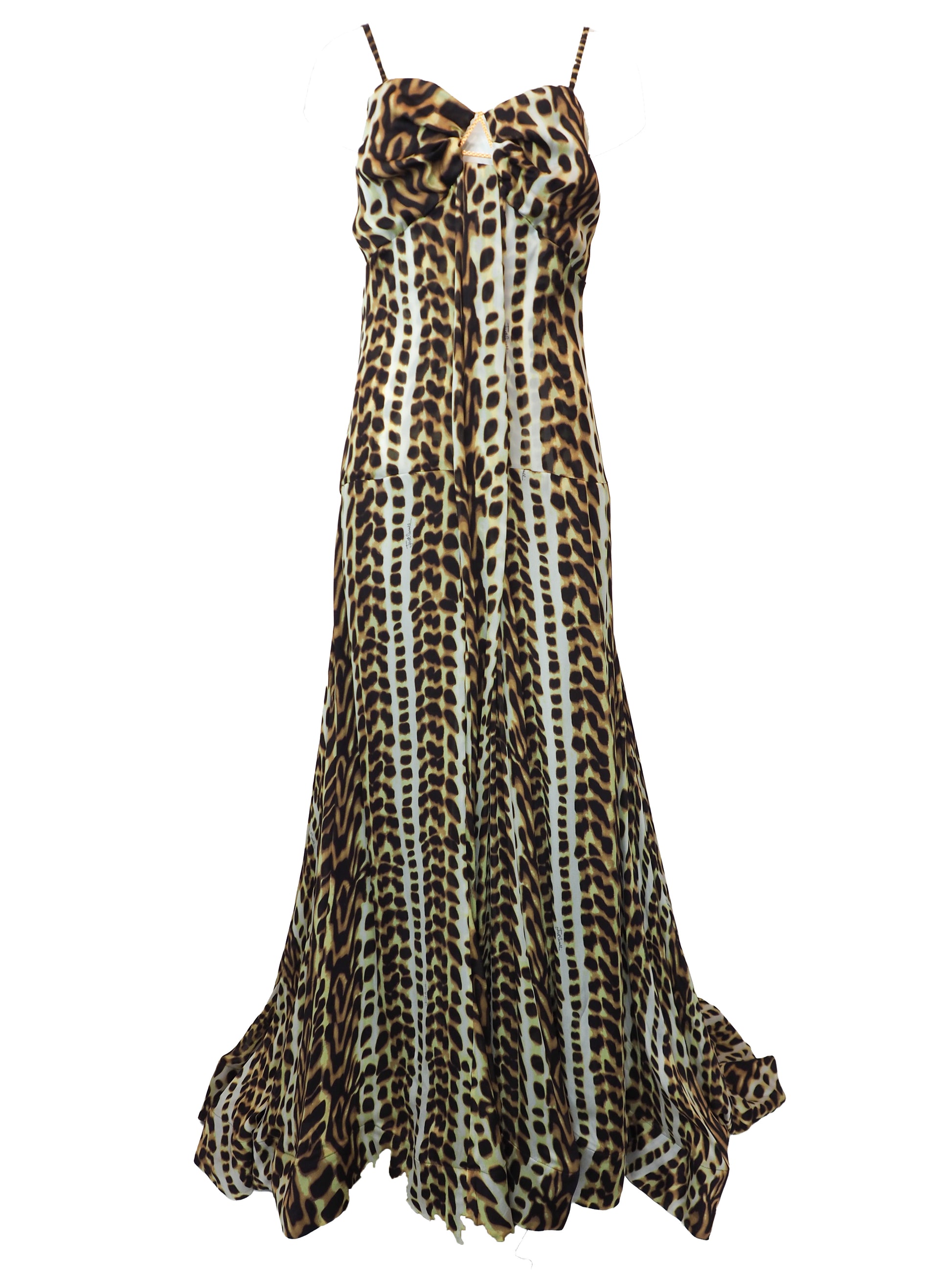 A vintage Roberto cavalli sleeveless leopard-print maxi dress with thin straps and a gathered sweetheart neckline