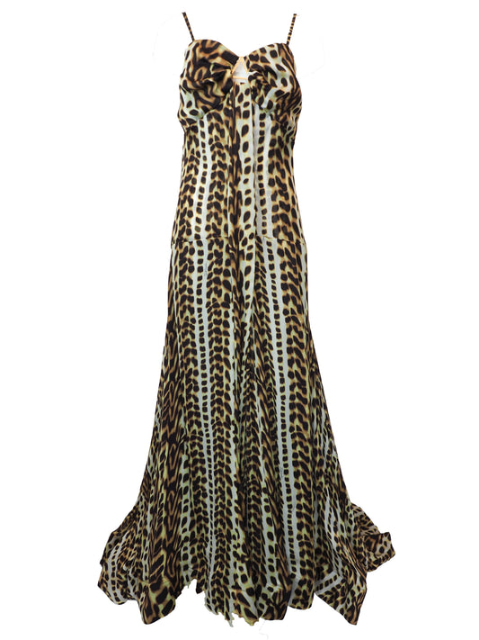 A vintage Roberto cavalli sleeveless leopard-print maxi dress with thin straps and a gathered sweetheart neckline