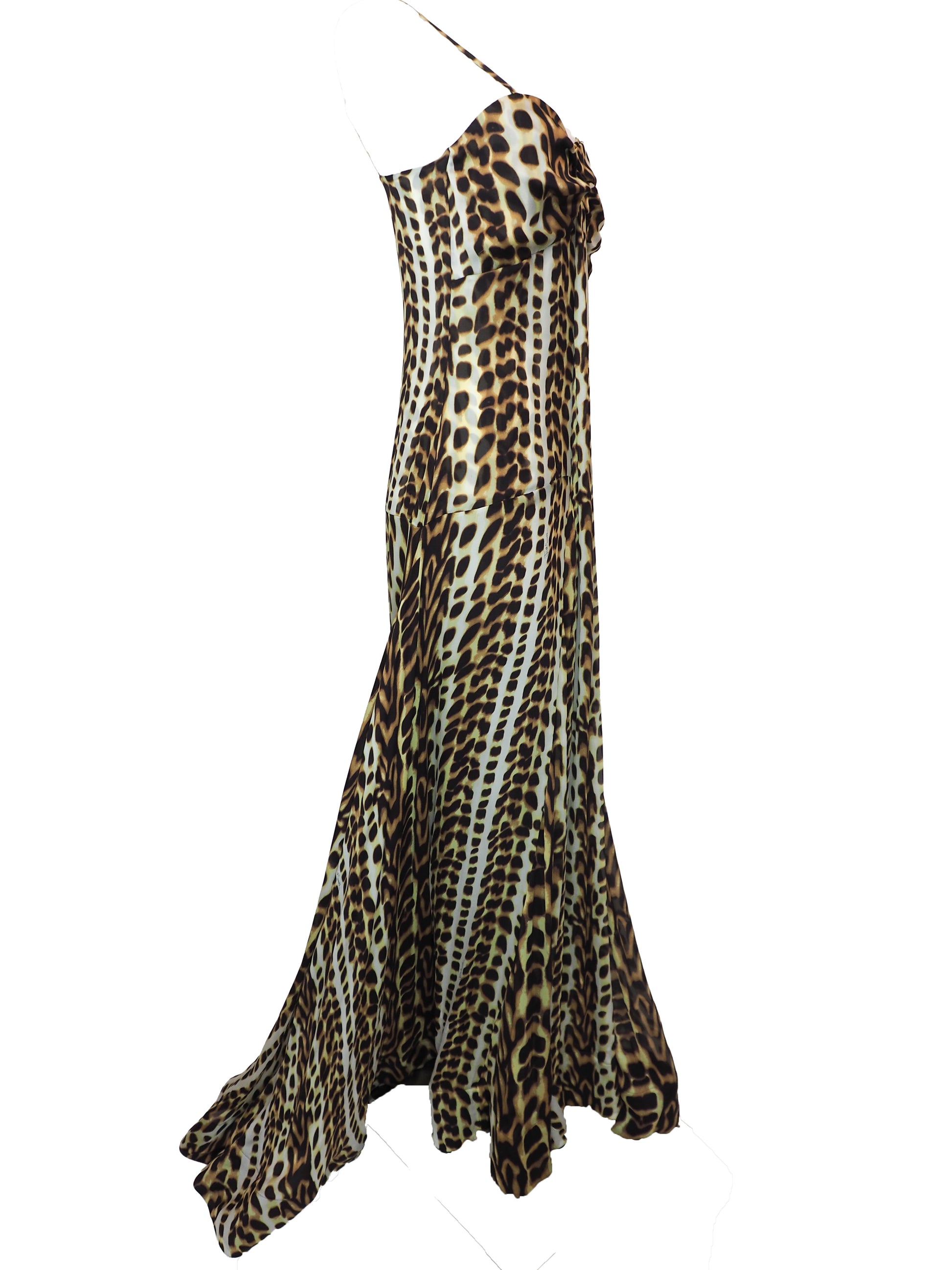 A vintage Roberto cavalli sleeveless leopard-print maxi dress with thin straps and a gathered sweetheart neckline