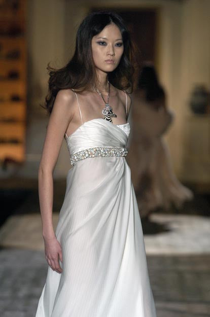 Roberto Cavalli F/W 2005 White Pleated Silk Gown Runway Image Close Up