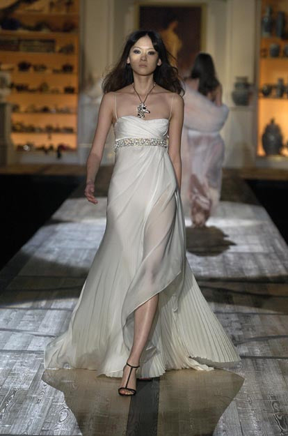 Roberto Cavalli F/W 2005 White Pleated Silk Gown Runway Image