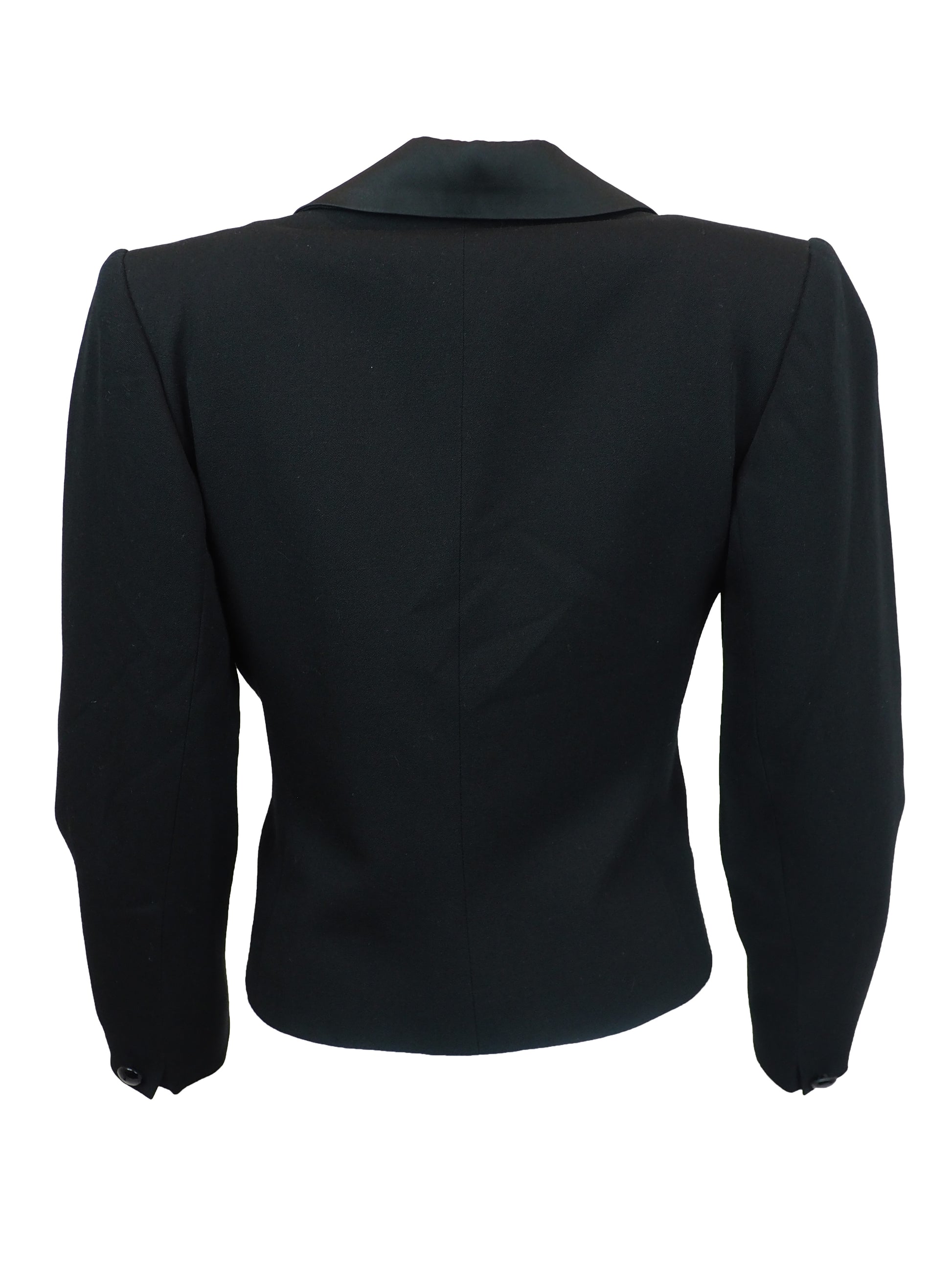 A vintage saint laurent black double-breasted blazer with satin peak lapels