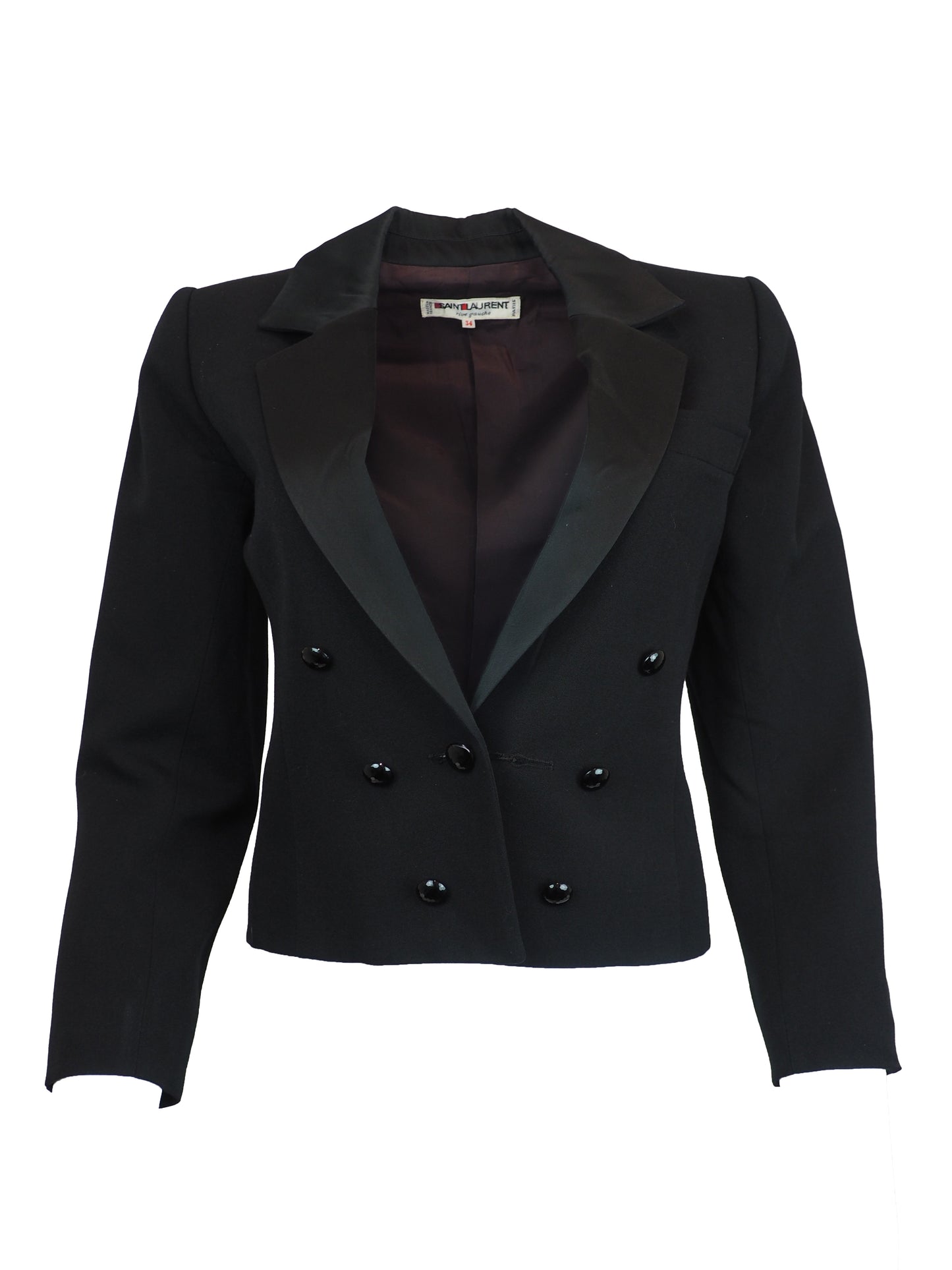 A vintage saint laurent black double-breasted blazer with satin peak lapels