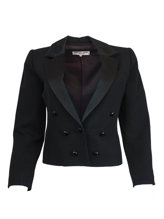 A vintage saint laurent black double-breasted blazer with satin peak lapels