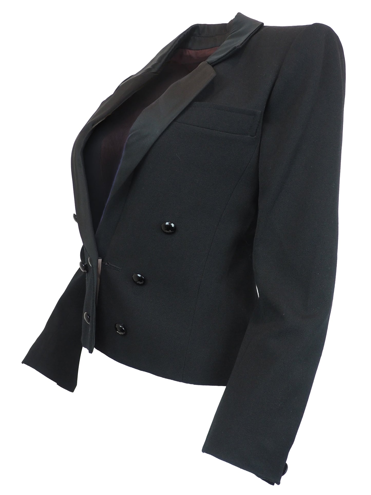 A vintage saint laurent black double-breasted blazer with satin peak lapels