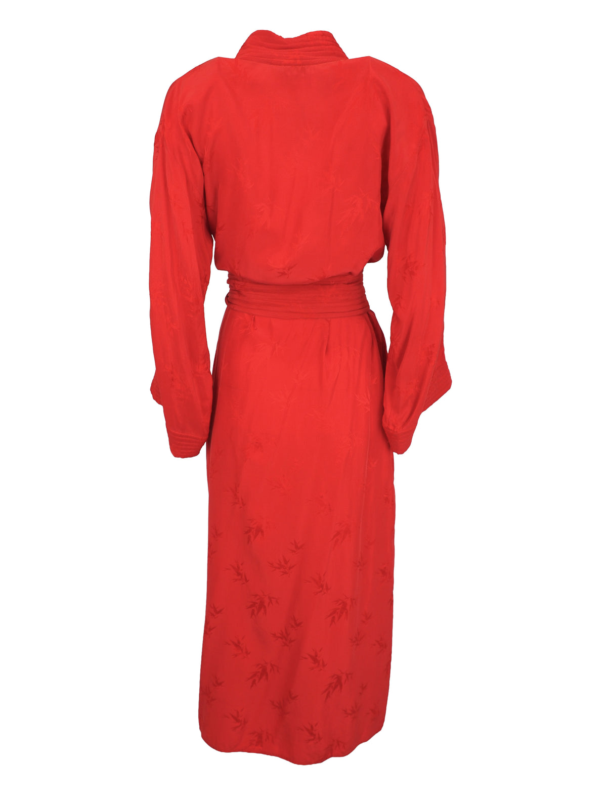 A vibrant red wrap robe with a matching waist tie belt, featuring a subtle tonal floral jacquard pattern near the lower hem