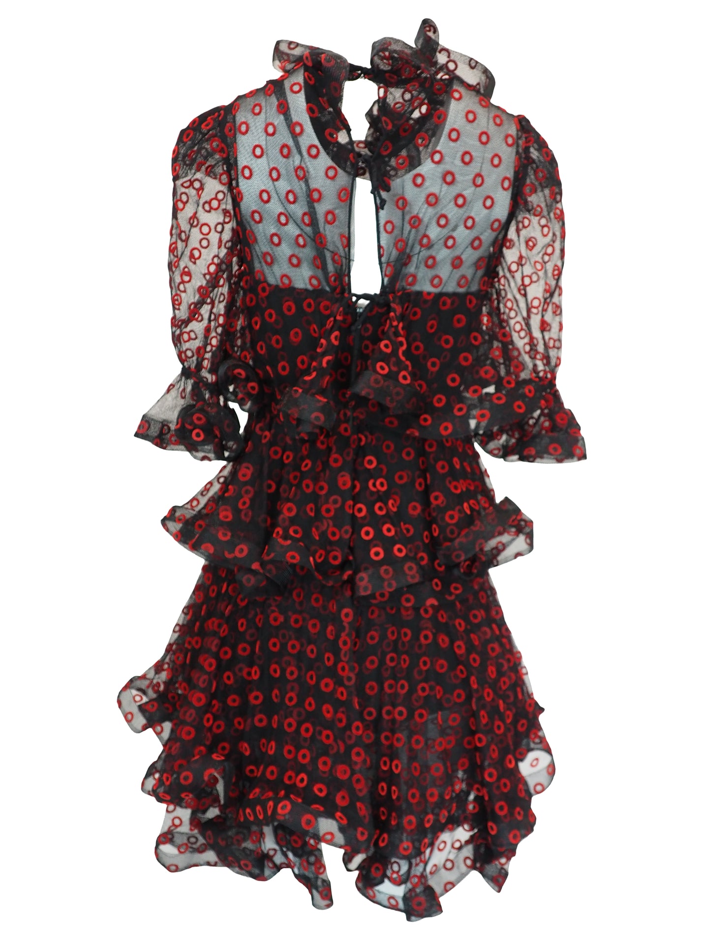 A vintage Arnold Scaasi designer black sheer mesh dress with a red and black poppy print, featuring a ruffled high neck, long puff sleeves, and a tiered ruffled skirt