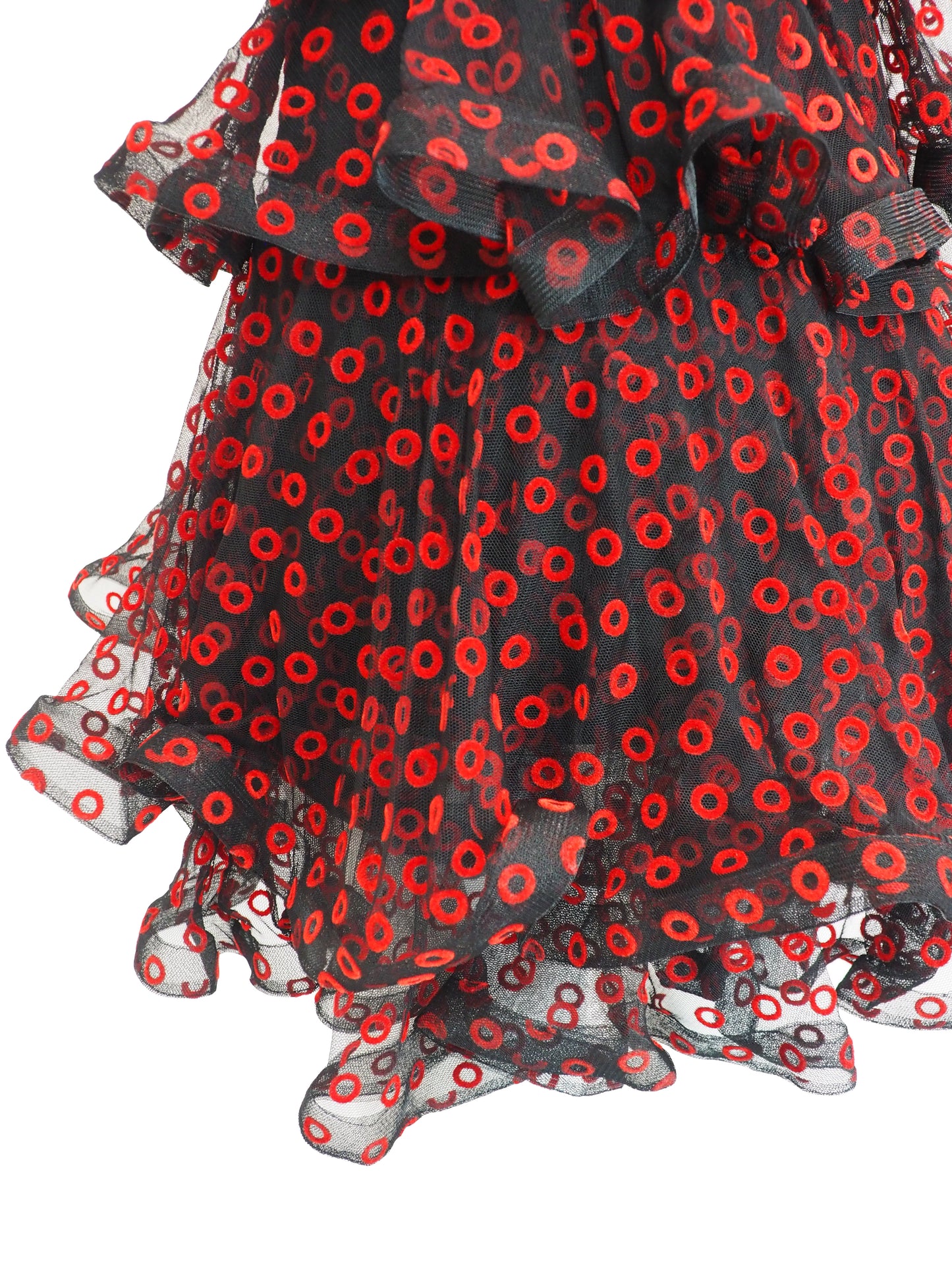 A vintage Arnold Scaasi designer black sheer mesh dress with a red and black poppy print, featuring a ruffled high neck, long puff sleeves, and a tiered ruffled skirt