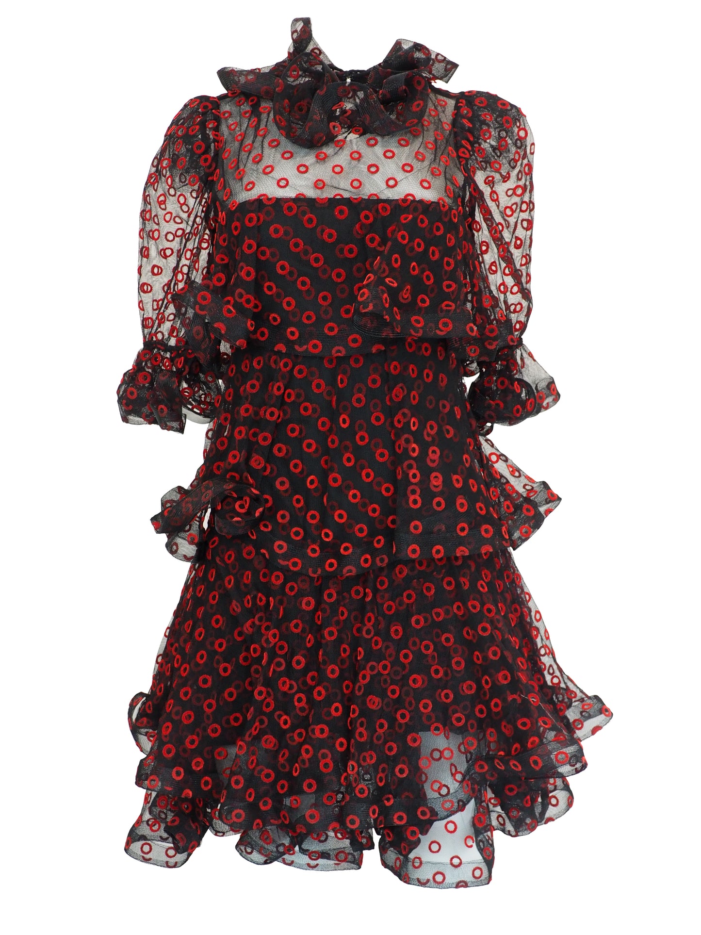 A vintage Arnold Scaasi designer black sheer mesh dress with a red and black poppy print, featuring a ruffled high neck, long puff sleeves, and a tiered ruffled skirt