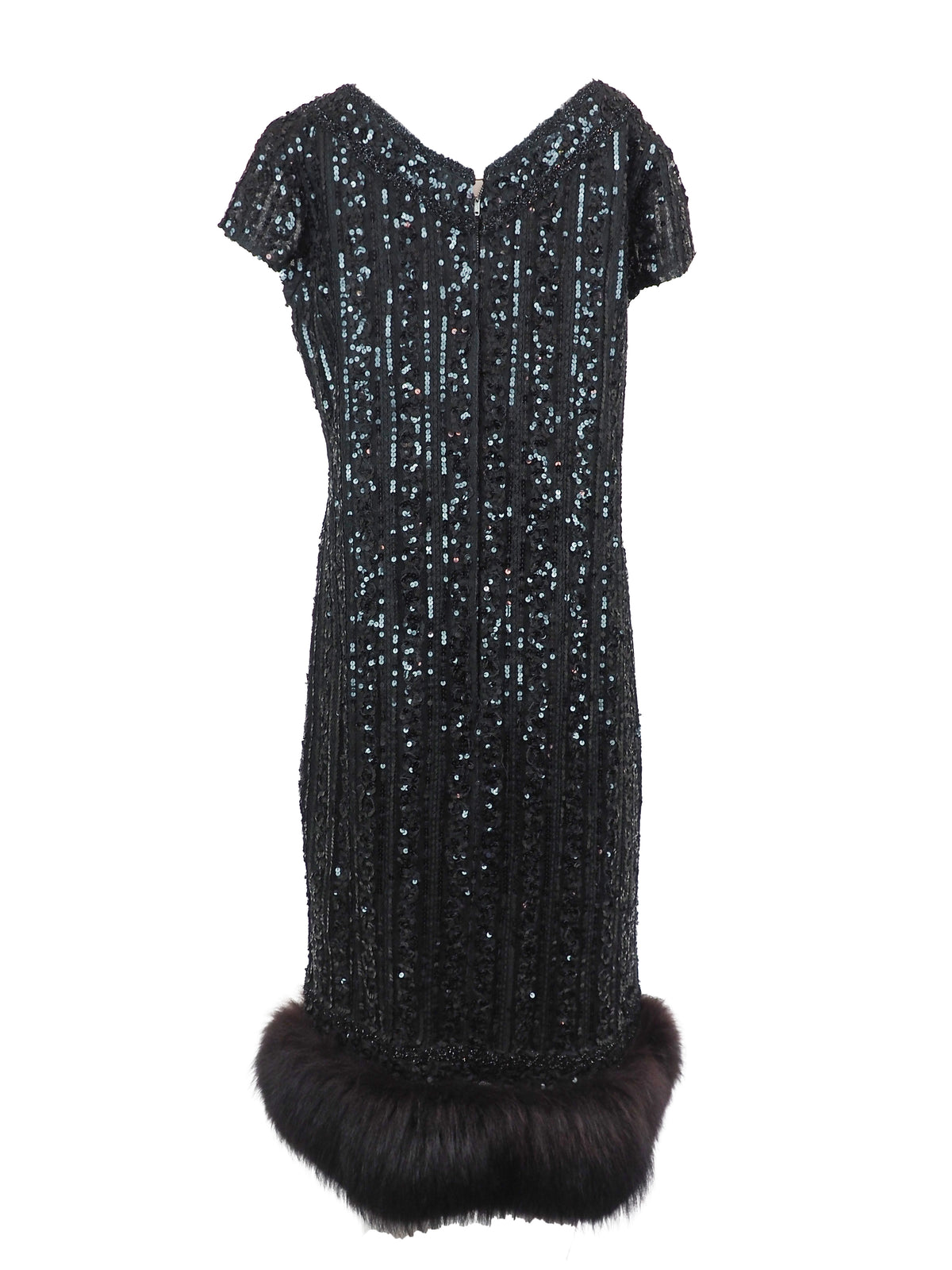 A vintage 1960s black sequined evening dress with short cap sleeves and a brown fox fur-trimmed hem