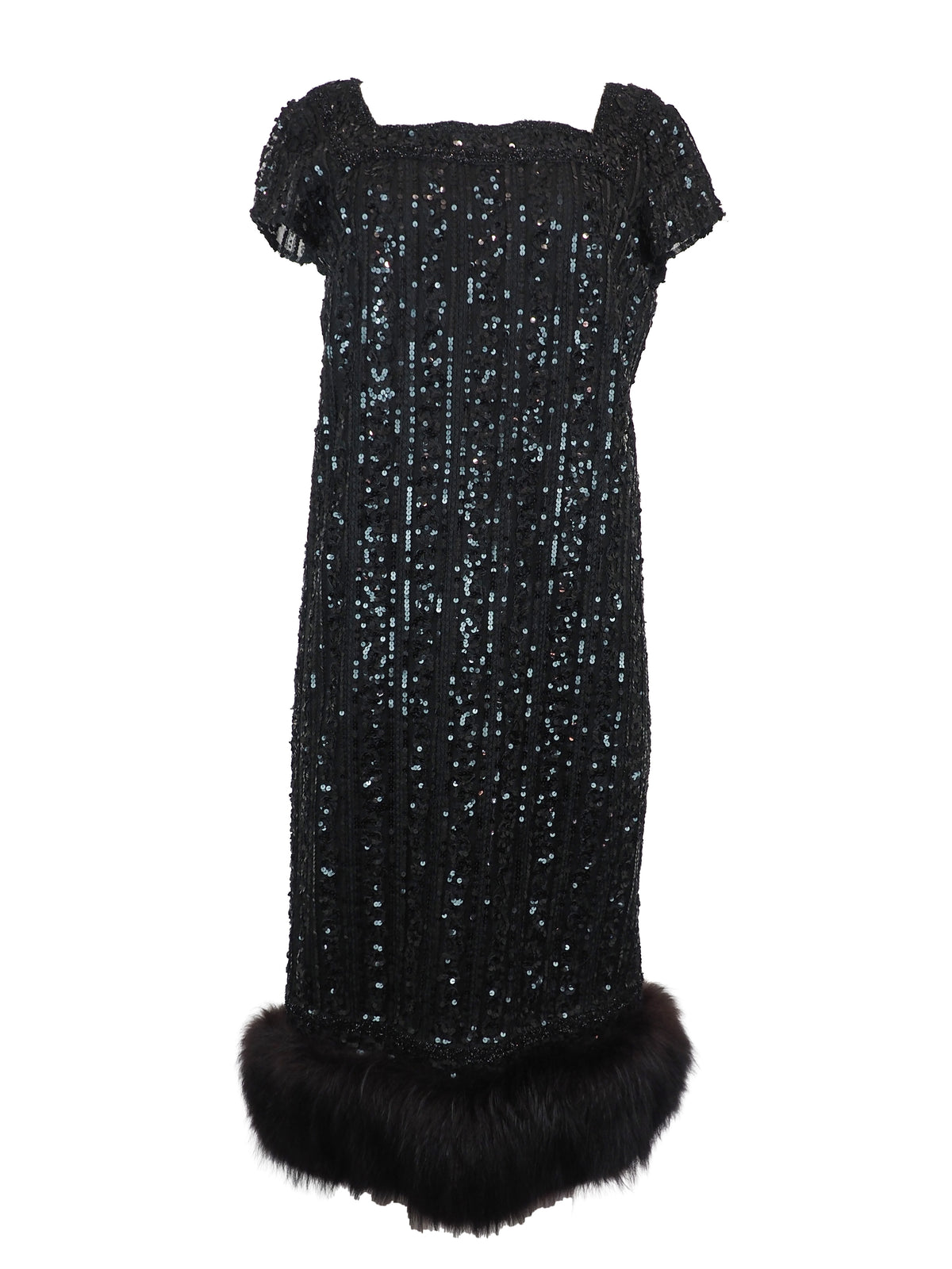 A vintage 1960s black sequined evening dress with short cap sleeves and a brown fox fur-trimmed hem