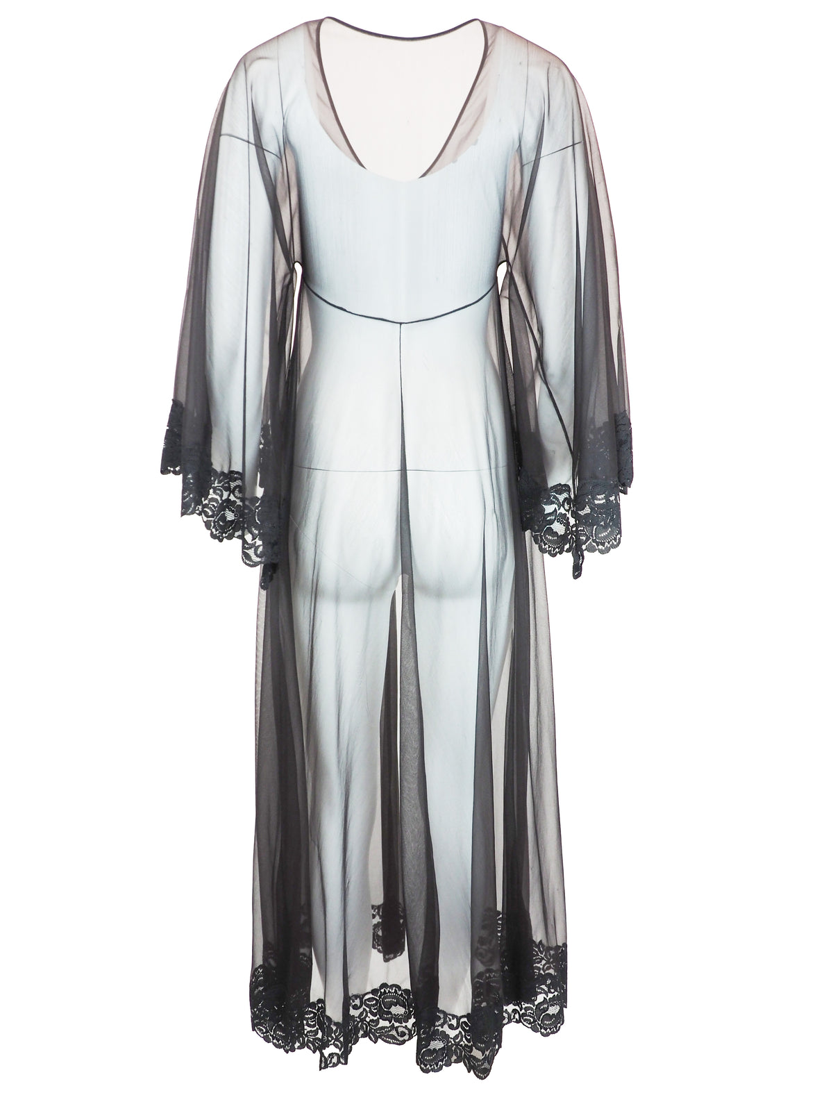A sheer black mesh nightgown or robe with black lace trim at the cuffs and hem