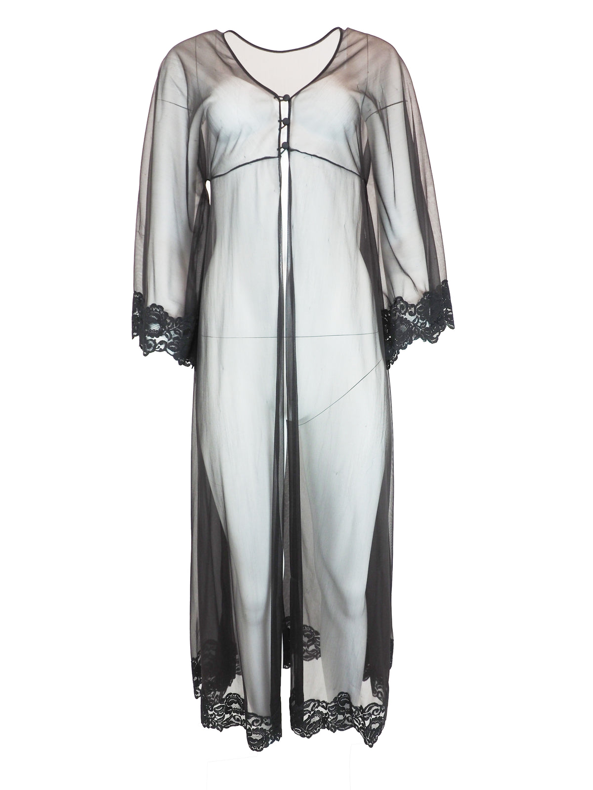 A sheer black mesh nightgown or robe with black lace trim at the cuffs and hem