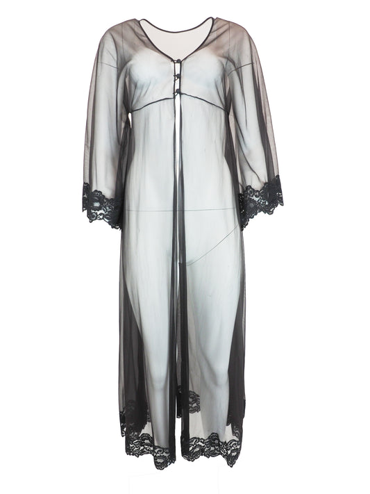 A sheer black mesh nightgown or robe with black lace trim at the cuffs and hem
