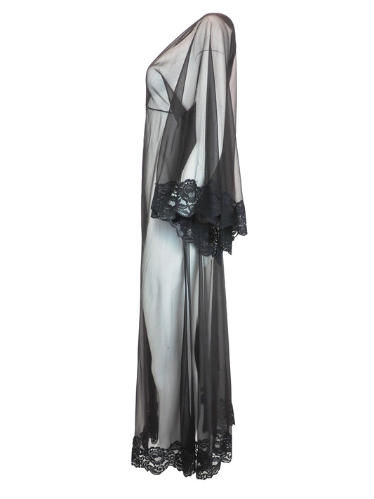 A sheer black mesh nightgown or robe with black lace trim at the cuffs and hem