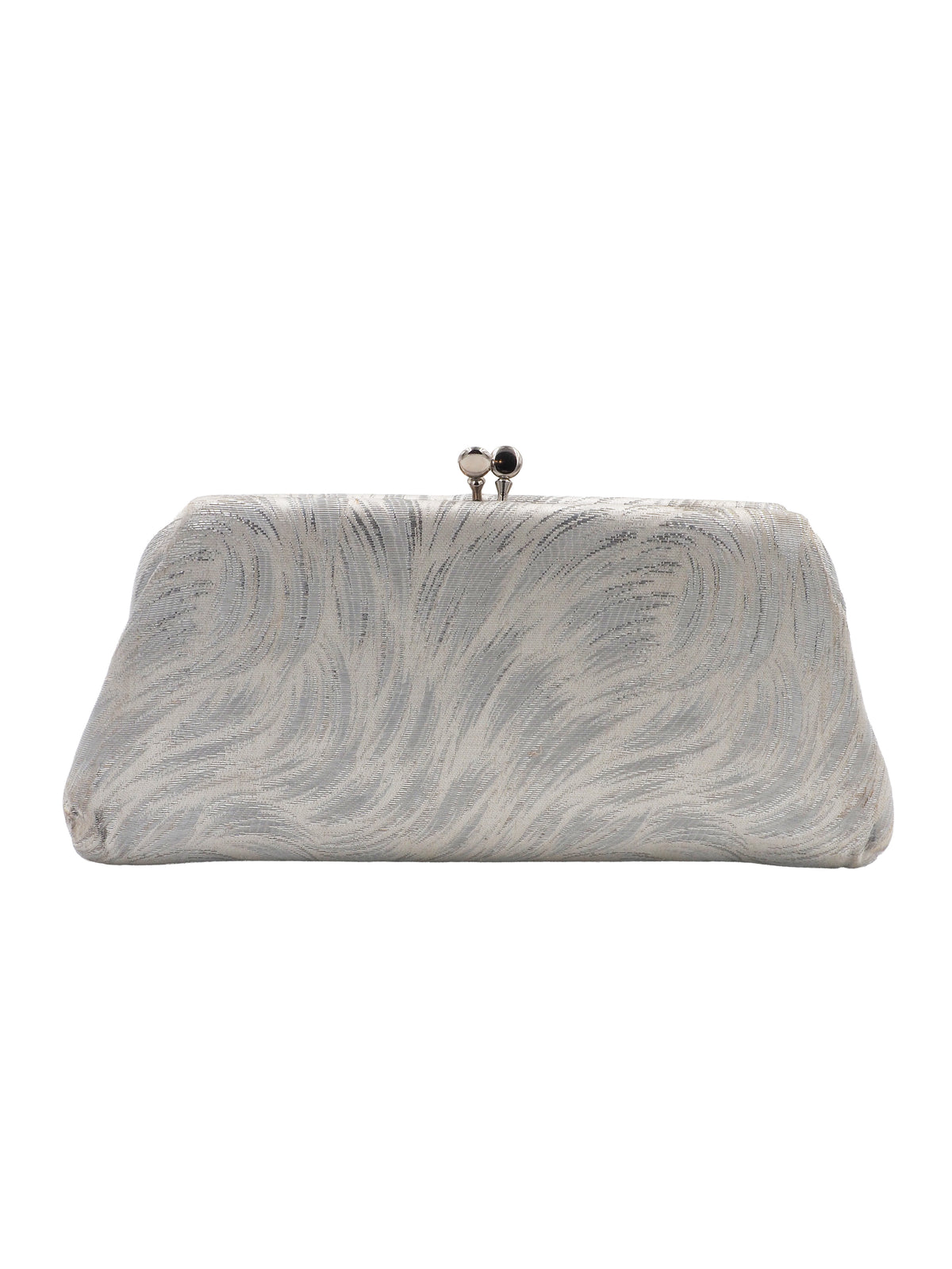 A rectangular clutch purse with a textured, wavy pattern in silver and white, featuring a small silver metal clasp at the top