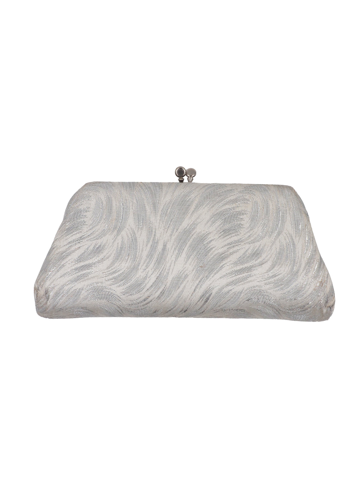A rectangular clutch purse with a textured, wavy pattern in silver and white, featuring a small silver metal clasp at the top