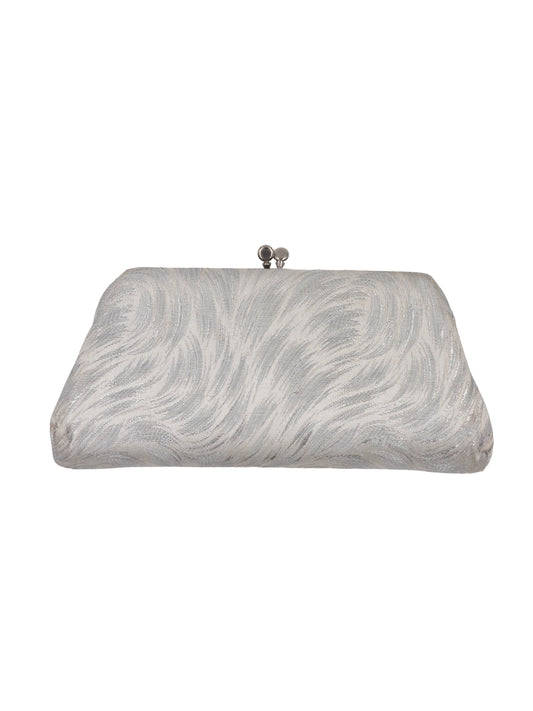 A rectangular clutch purse with a textured, wavy pattern in silver and white, featuring a small silver metal clasp at the top