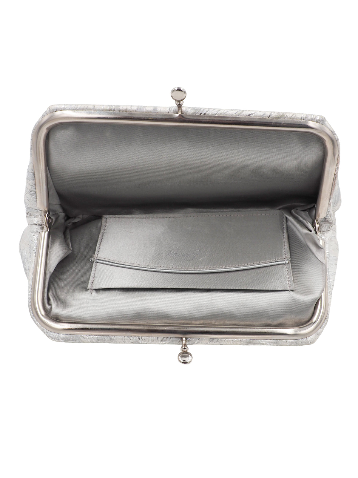 A rectangular clutch purse with a textured, wavy pattern in silver and white, featuring a small silver metal clasp at the top