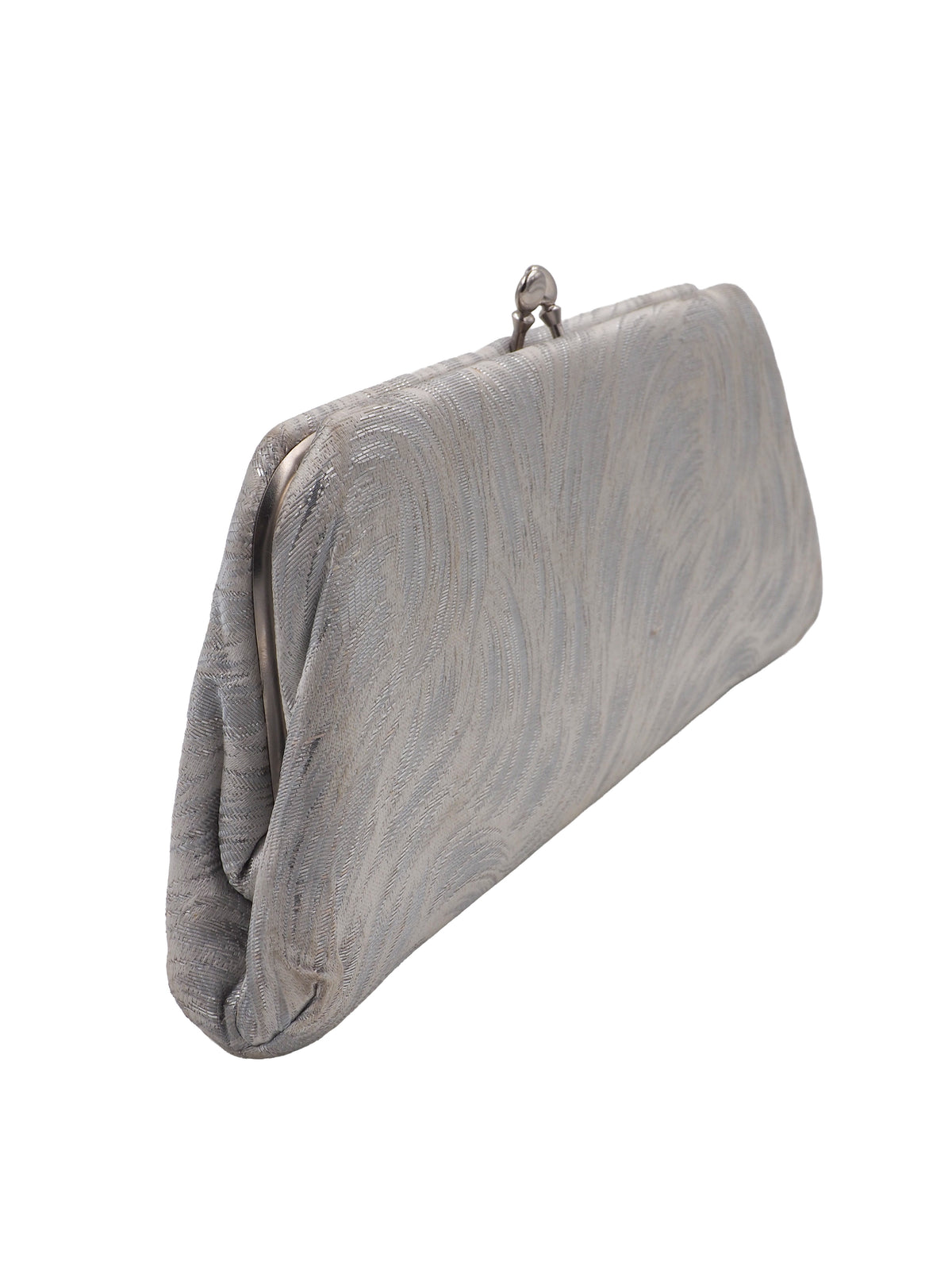 A rectangular clutch purse with a textured, wavy pattern in silver and white, featuring a small silver metal clasp at the top