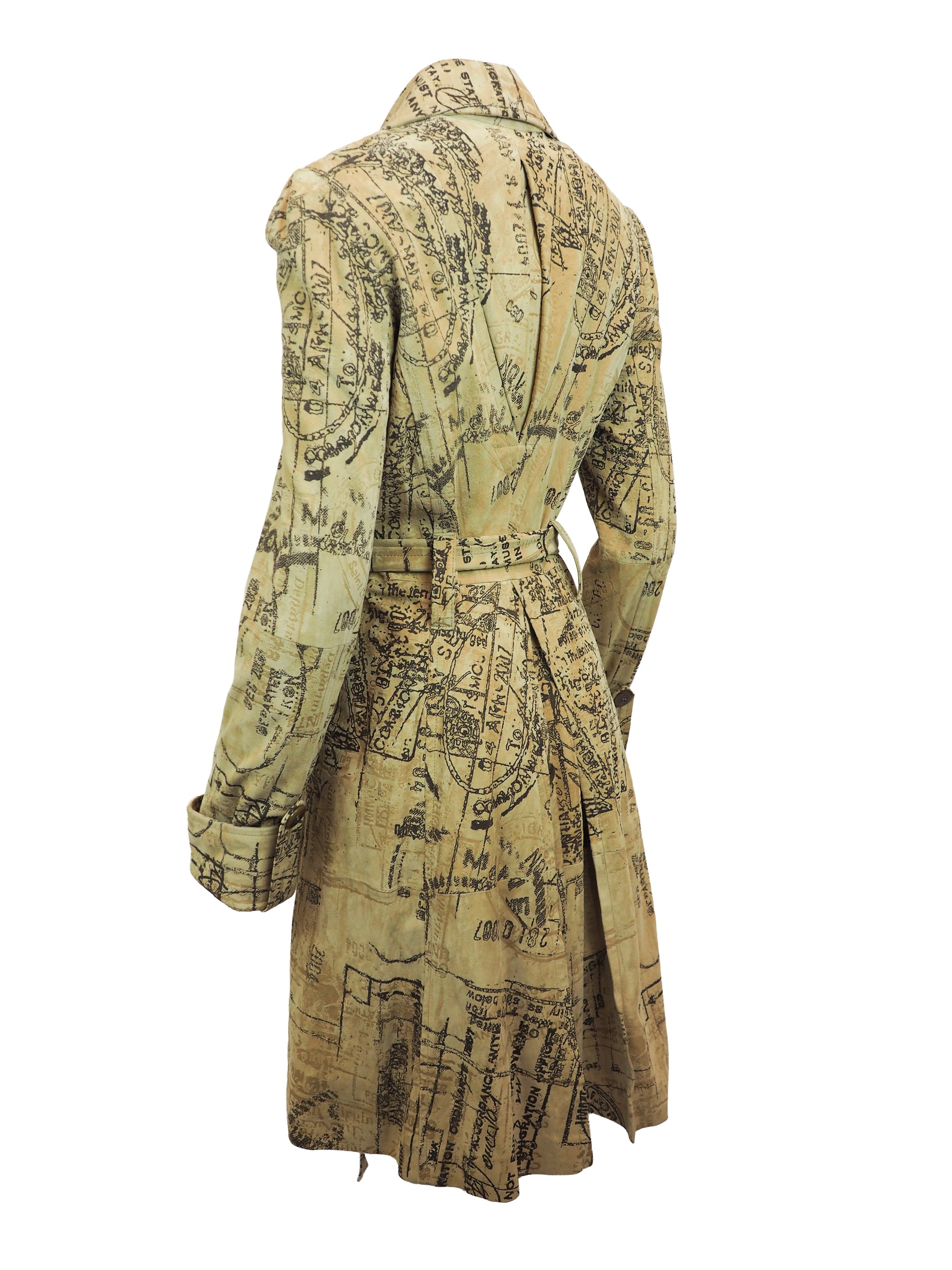 A Diane Von Furstenberg beige trench coat with an all-over black vintage map and script print, featuring a double-breasted design with brown buttons and a matching waist tie, shown against a plain white background.
