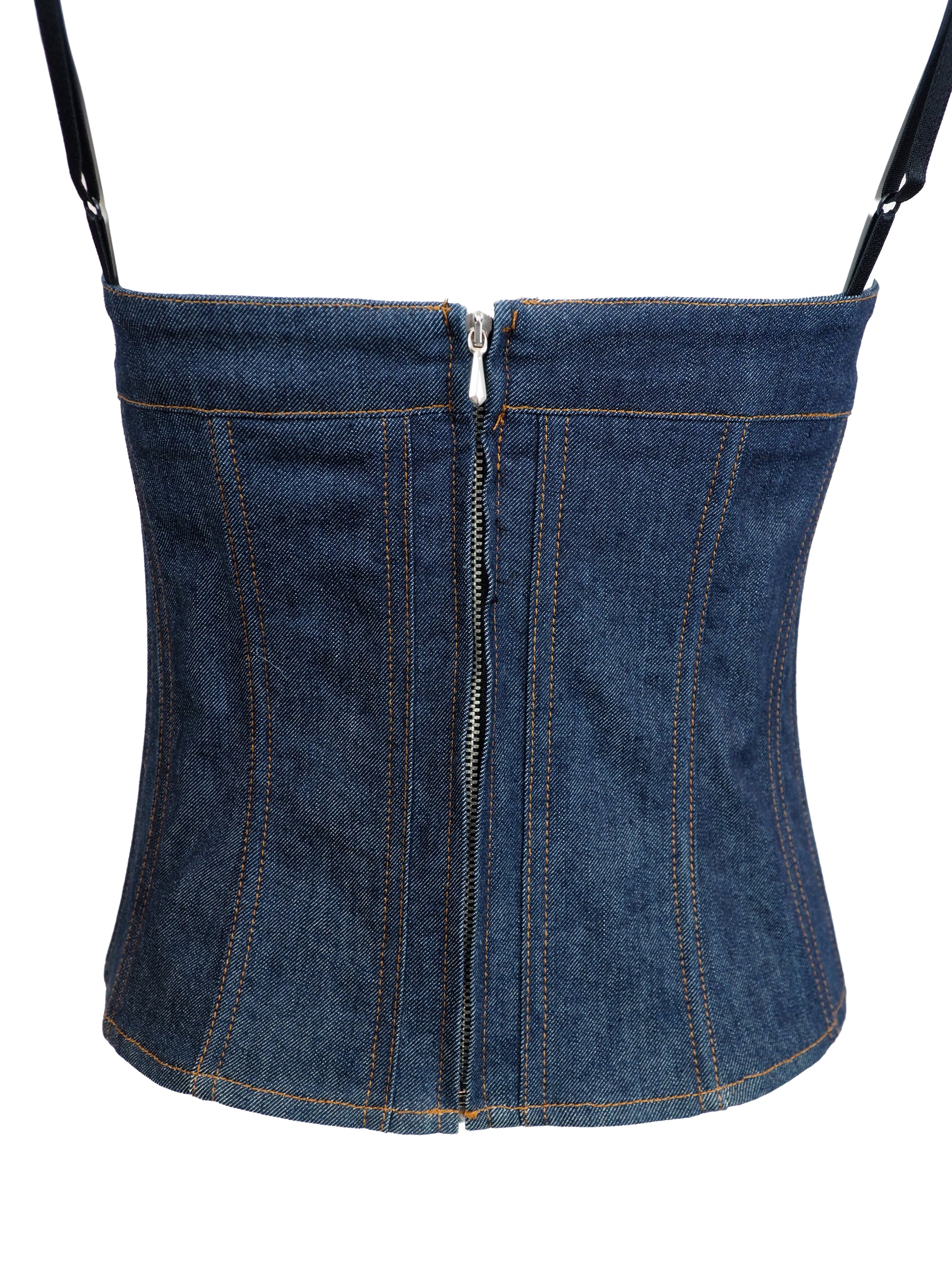 A vintage Valentino dark blue denim camisole top with a corset-style front panel and thin shoulder straps