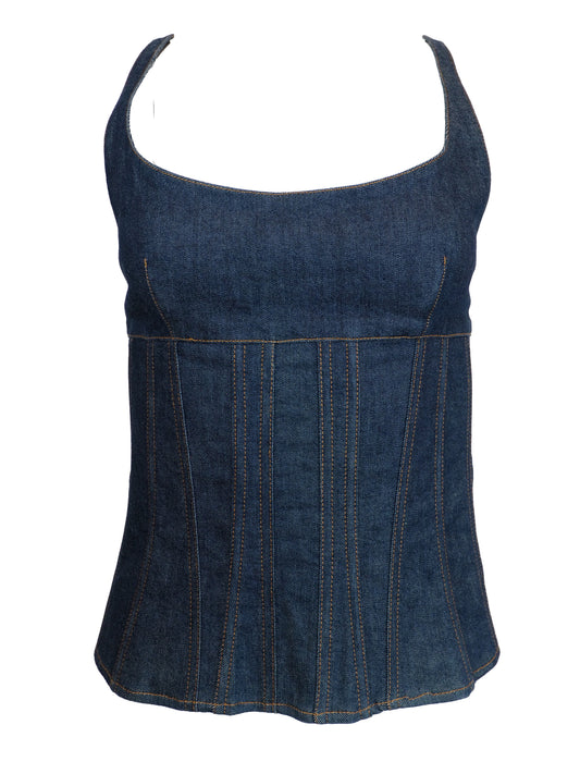 A vintage Valentino dark blue denim camisole top with a corset-style front panel and thin shoulder straps
