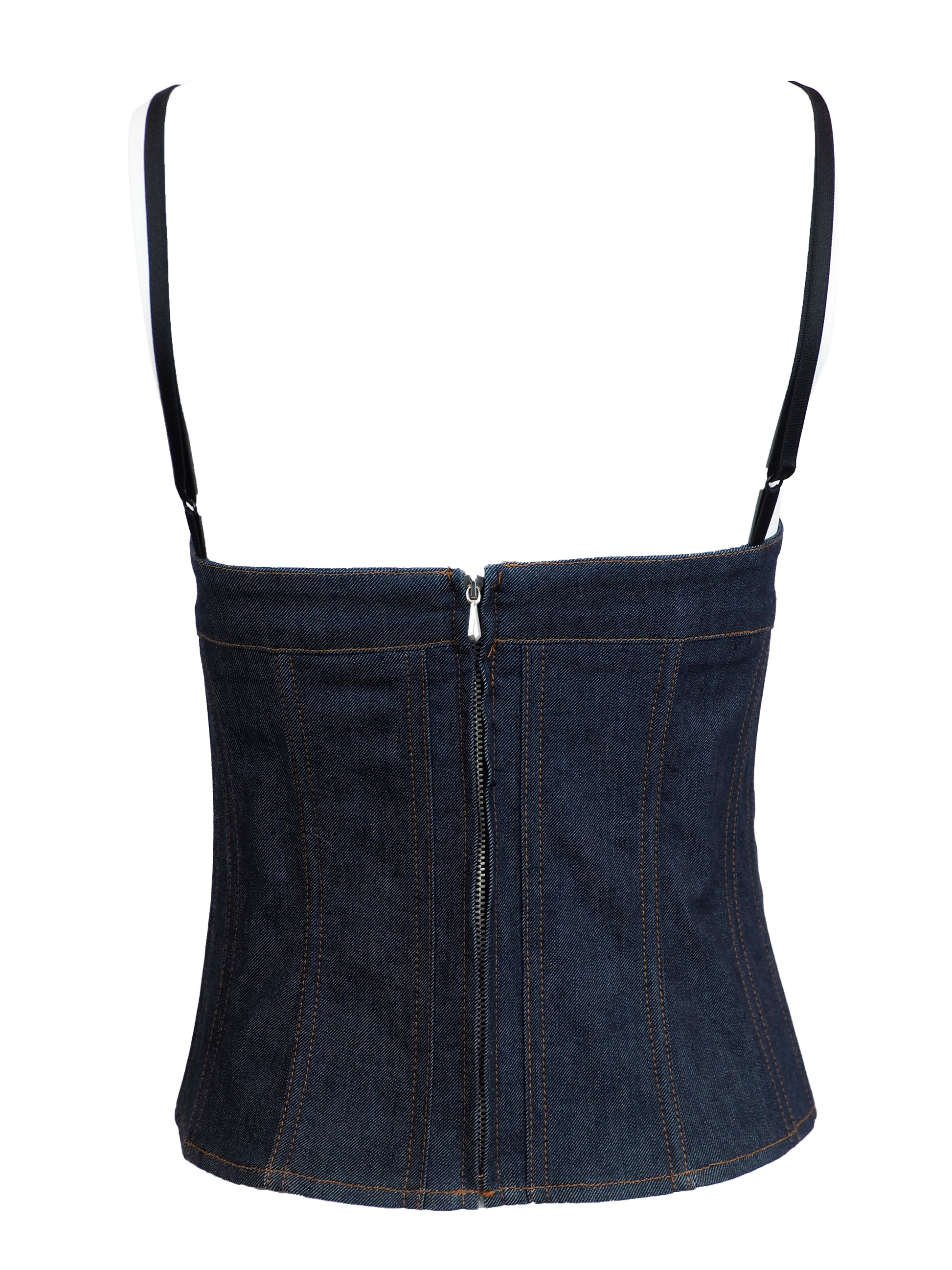 A vintage Valentino dark blue denim camisole top with a corset-style front panel and thin shoulder straps