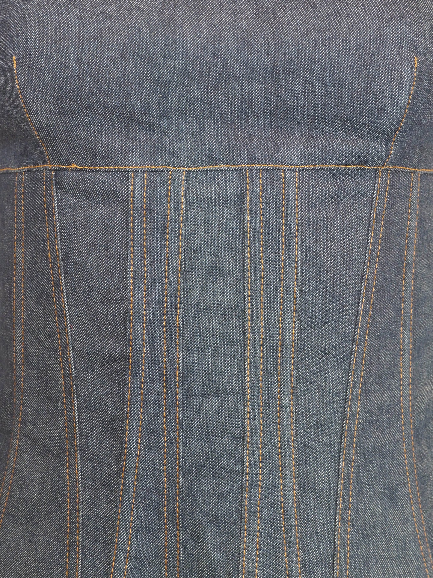 A vintage Valentino dark blue denim camisole top with a corset-style front panel and thin shoulder straps