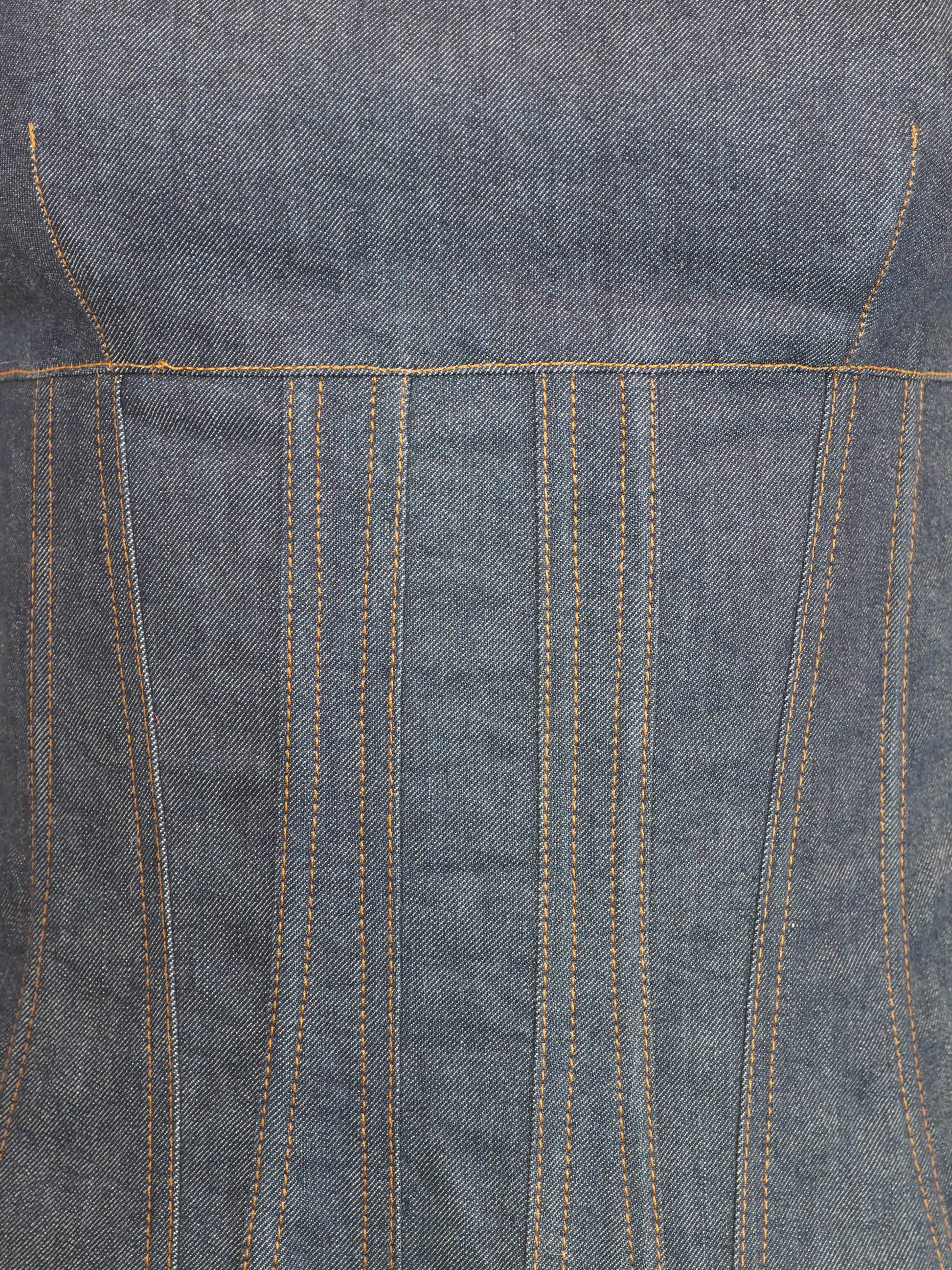 A vintage Valentino dark blue denim camisole top with a corset-style front panel and thin shoulder straps